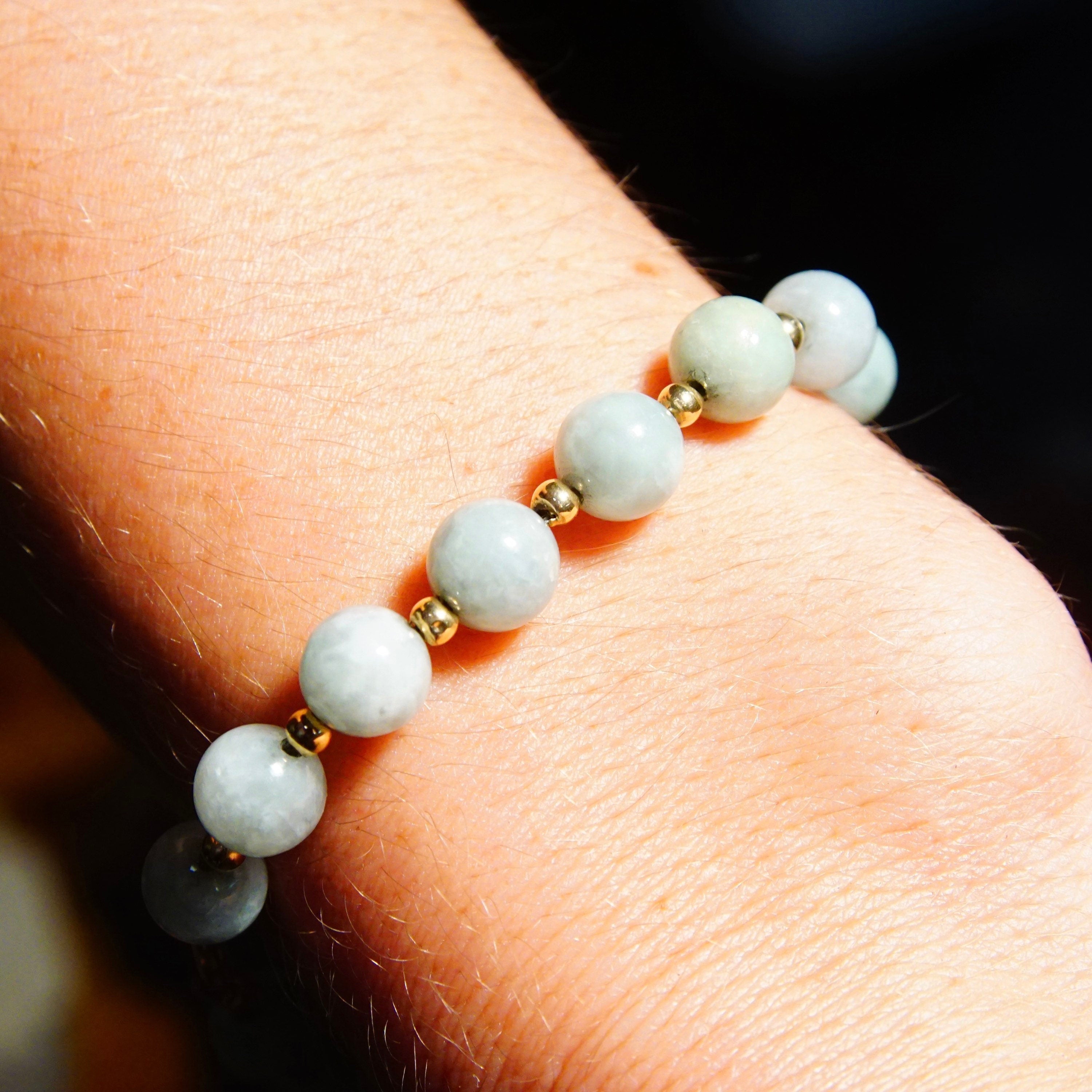 Vintage 14K Gold Jade Bead Bracelet, Light Green Jade, Single Strand, Yellow Gold Bead Spacers & Clasp, 585 Jewelry, 7 3/4 L