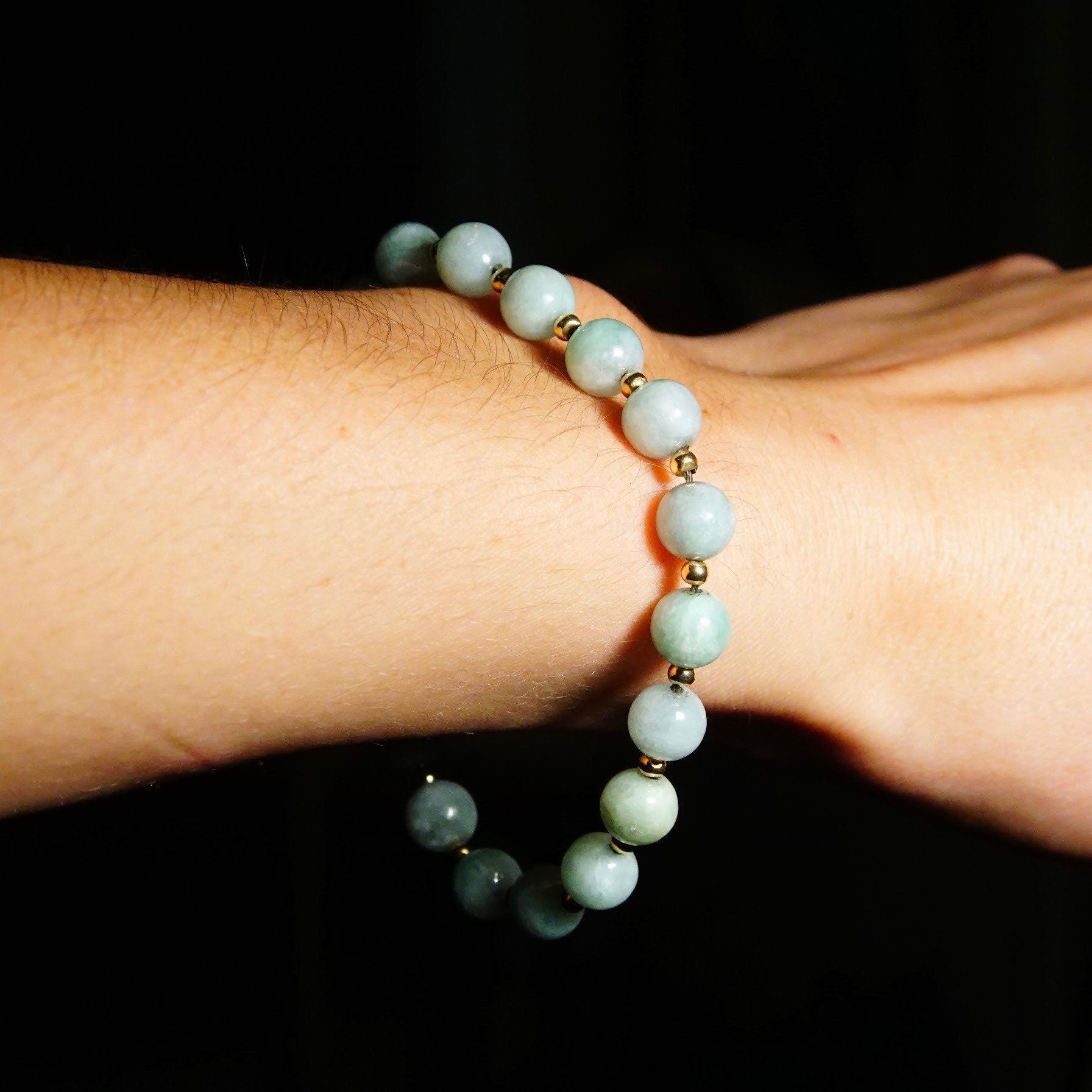 Vintage 14K Gold Jade Bead Bracelet, Light Green Jade, Single Strand, Yellow Gold Bead Spacers & Clasp, 585 Jewelry, 7 3/4 L