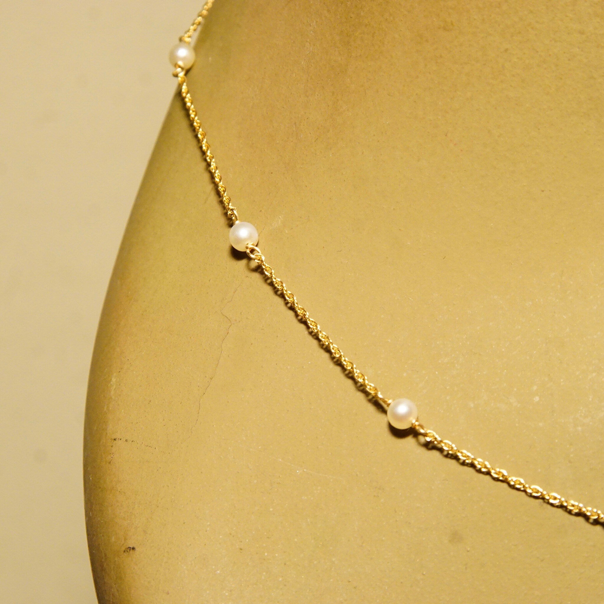 Vintage 14K Gold Pearl Station Choker Necklace, Yellow Gold Loose Rope Chain, 4mm Round Pearls, Elegant Necklace, 585 Jewelry, 18" L
