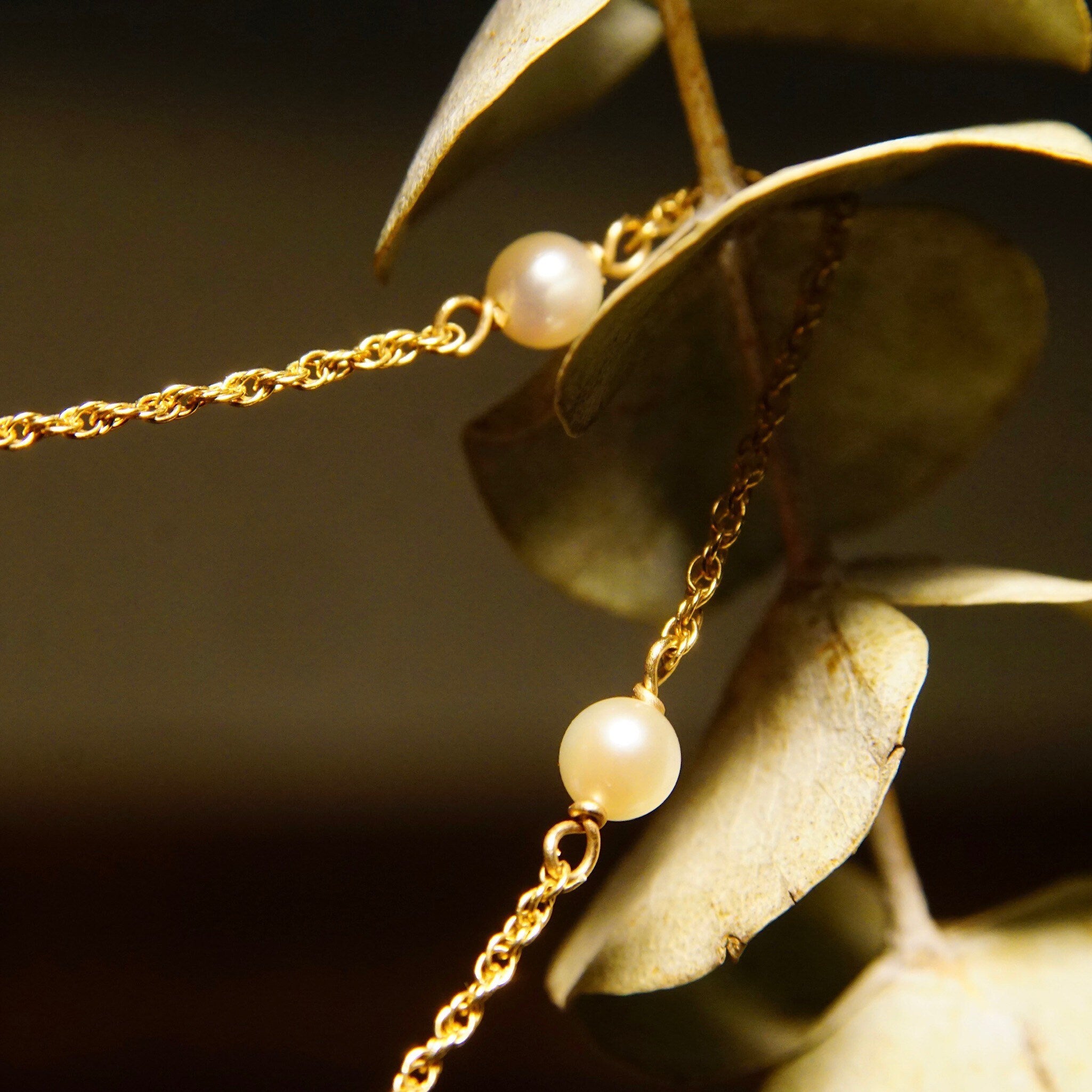 Vintage 14K Gold Pearl Station Choker Necklace, Yellow Gold Loose Rope Chain, 4mm Round Pearls, Elegant Necklace, 585 Jewelry, 18" L