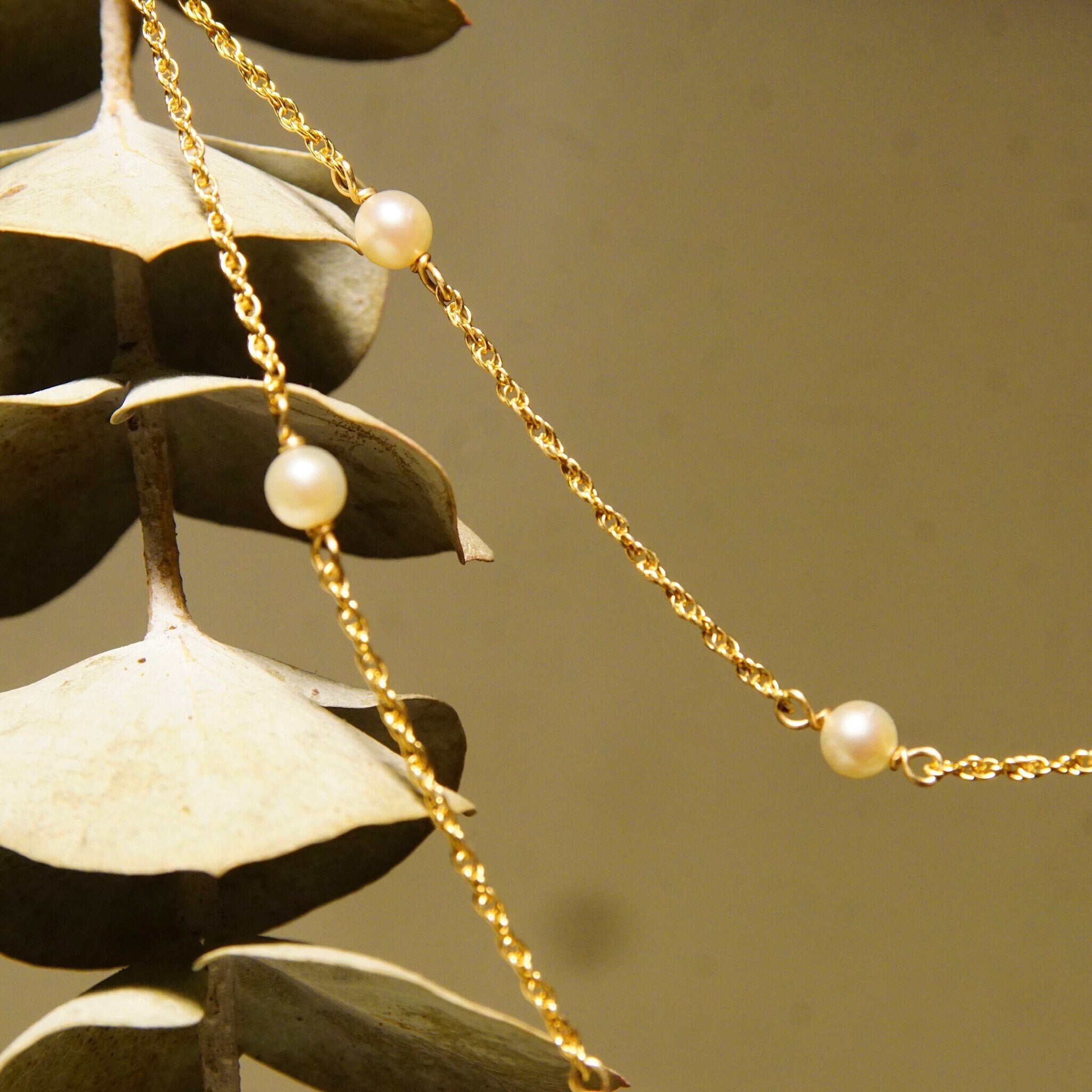 Vintage 14K Gold Pearl Station Choker Necklace, Yellow Gold Loose Rope Chain, 4mm Round Pearls, Elegant Necklace, 585 Jewelry, 18" L