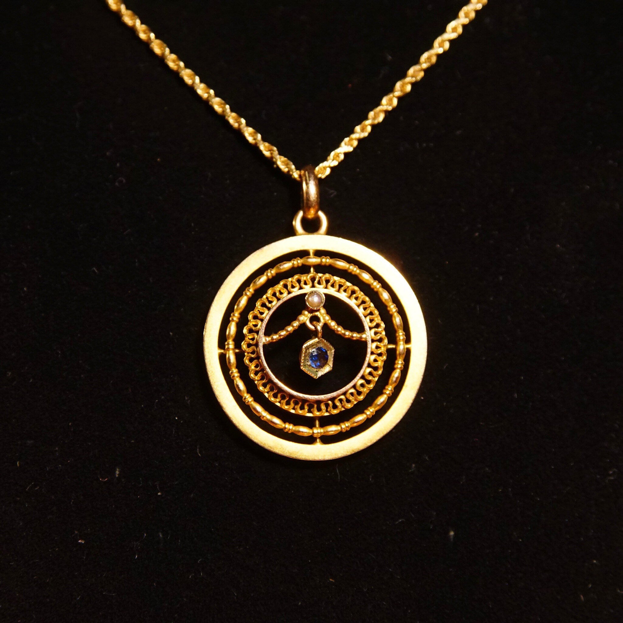 Antique 10K Gold Sapphire Pearl Seed Lavalier Pendant, 1 1/4" L