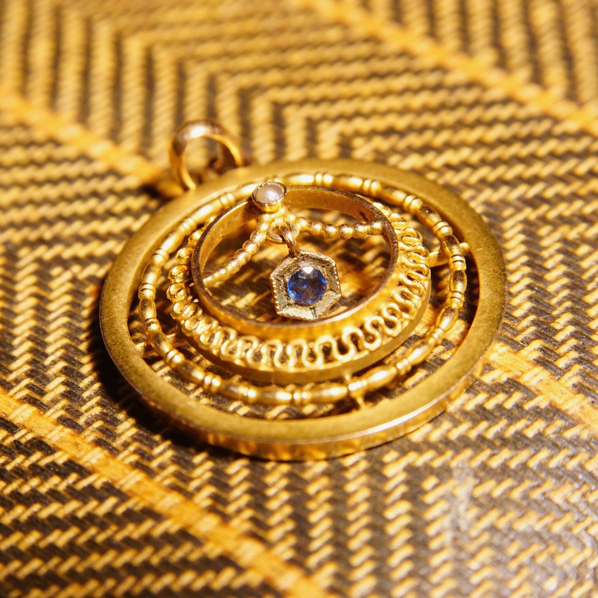 Antique 10K Gold Sapphire Pearl Seed Lavalier Pendant, 1 1/4" L