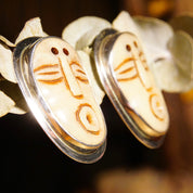 Vintage Echo Of The Dreamer Sterling Silver Carved Bone Face Clip On Earrings, Stylized Face Figural Design, Unique 925 Earrings, 1 5/8" L
