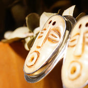 Vintage Echo Of The Dreamer Sterling Silver Carved Bone Face Clip On Earrings, Stylized Face Figural Design, Unique 925 Earrings, 1 5/8" L