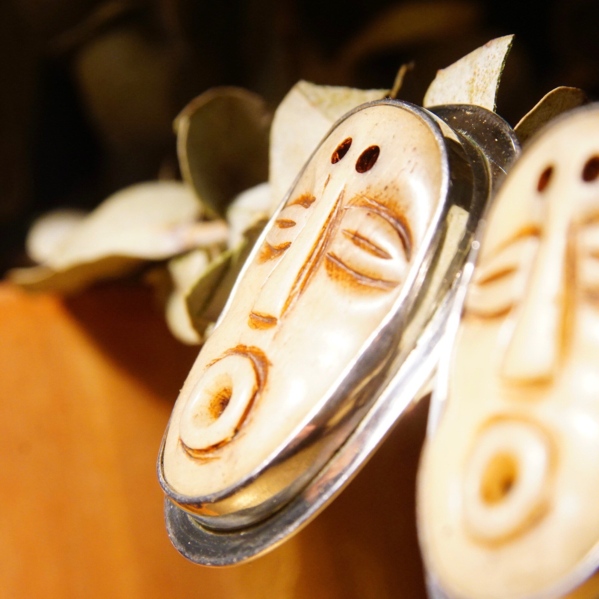 Vintage Echo Of The Dreamer Sterling Silver Carved Bone Face Clip On Earrings, Stylized Face Figural Design, Unique 925 Earrings, 1 5/8" L