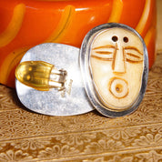 Vintage Echo Of The Dreamer Sterling Silver Carved Bone Face Clip On Earrings, Stylized Face Figural Design, Unique 925 Earrings, 1 5/8" L