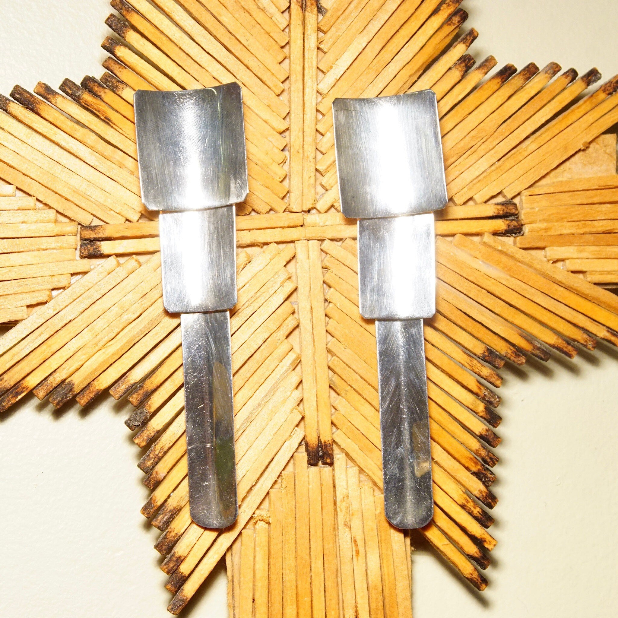 Vintage TAXCO Modernist Sterling Silver Dangle Drop Pierced Earrings, Articulated Geometric Slices, Long Silver Earrings, 4 1/8" L