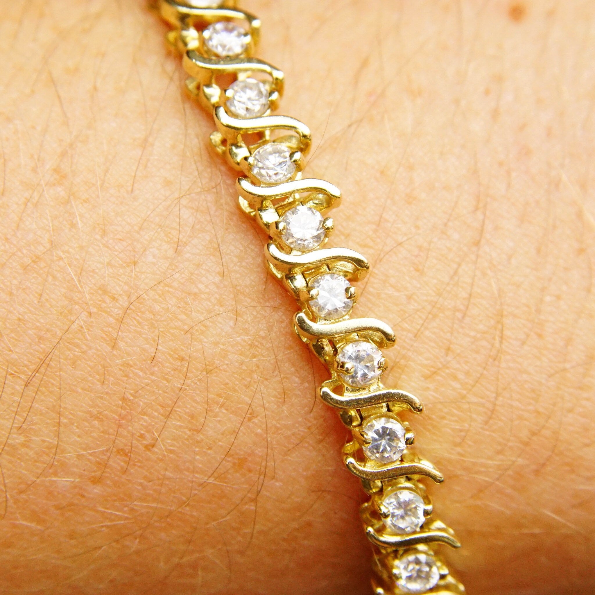 Vintage 14K Gold Diamond 'S' Tennis Bracelet, 40 Brilliant Diamonds, 5 TCW, Accent Gold Link Design, Elegant Diamond Bracelet, 7 1/2" L