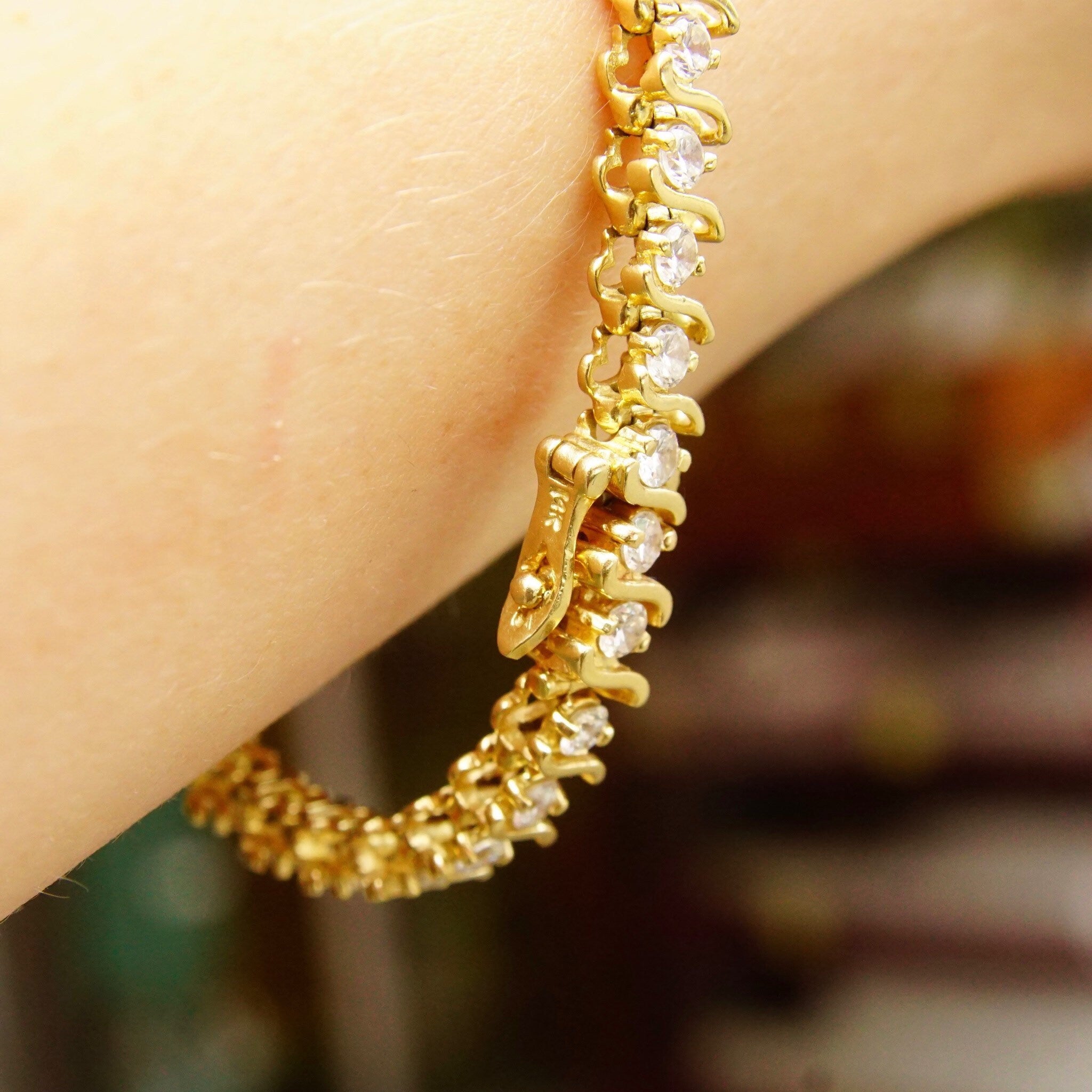 Vintage 14K Gold Diamond 'S' Tennis Bracelet, 40 Brilliant Diamonds, 5 TCW, Accent Gold Link Design, Elegant Diamond Bracelet, 7 1/2" L