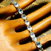 Vintage 14K Gold Aquamarine Link Bracelet, 21 Oval-Cut Gemstones, 585 Yellow Gold & Light Blue Gemstone Tennis Bracelet, 8 1/2" L