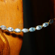 Vintage 14K Gold Aquamarine Link Bracelet, 21 Oval-Cut Gemstones, 585 Yellow Gold & Light Blue Gemstone Tennis Bracelet, 8 1/2" L