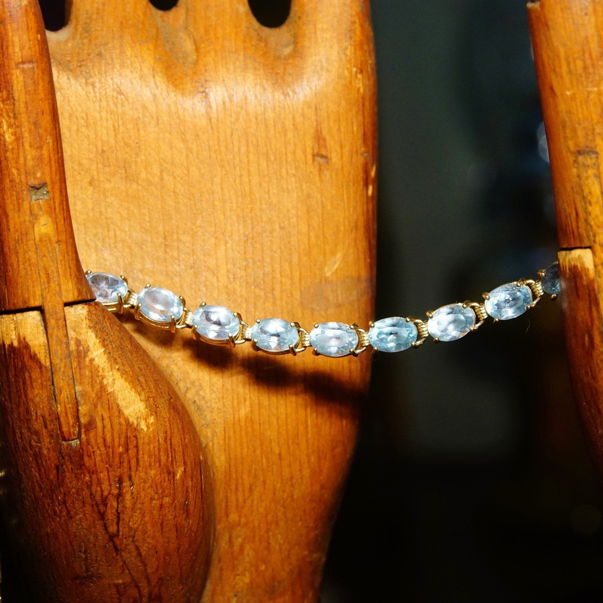 Vintage 14K Gold Aquamarine Link Bracelet, 21 Oval-Cut Gemstones, 585 Yellow Gold & Light Blue Gemstone Tennis Bracelet, 8 1/2" L