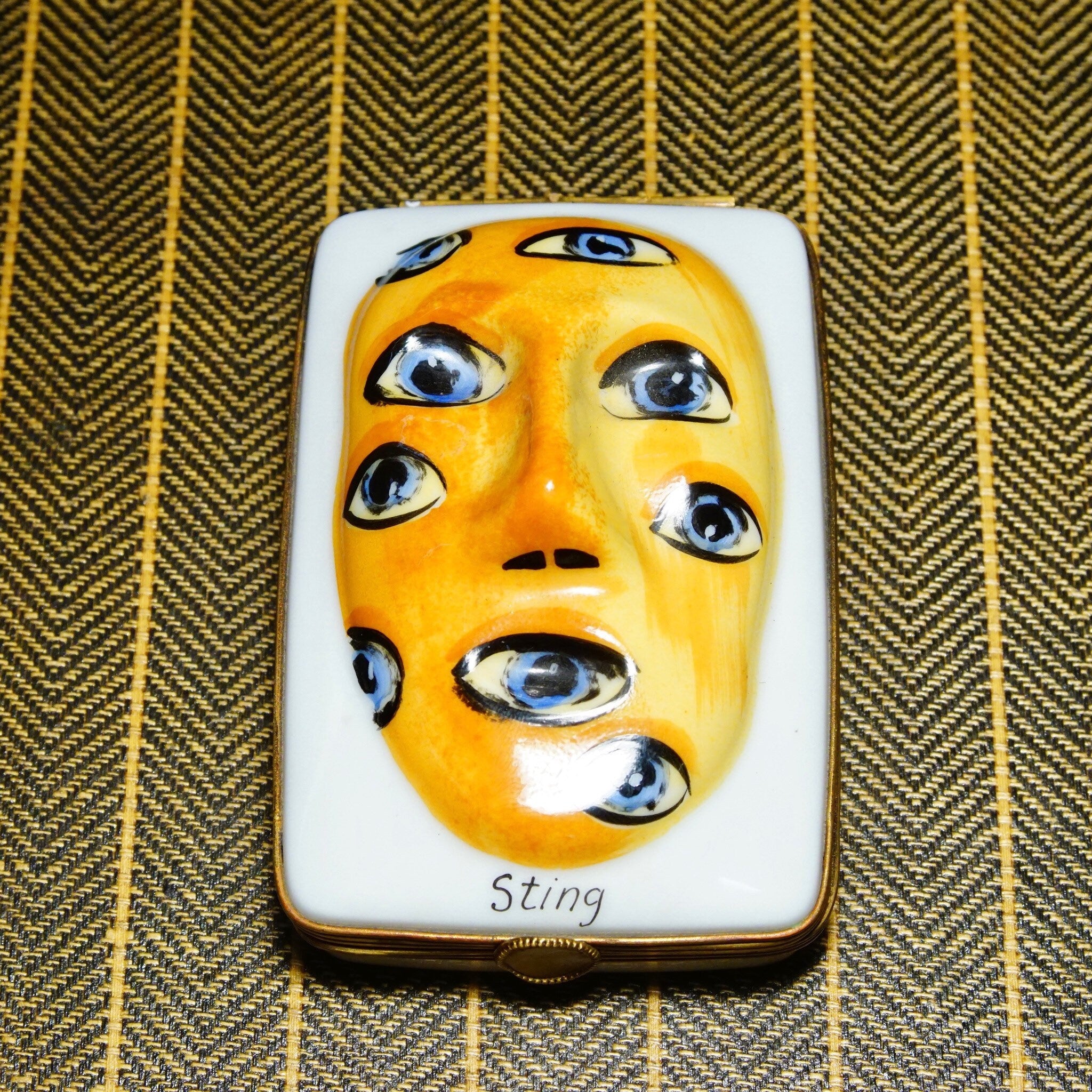 Rare Limited Edition Dubarry France Limoges Porcelain Sting Masks Trinket Box #245, Designed By Sting, Abstract Painted Face, 3 3/4 L