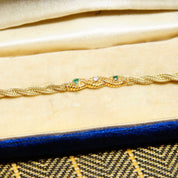 Vintage 14K Yellow Gold Diamond Emerald Bar Bracelet, 4mm Braided Gold Link Chain, .03CT Diamond & Emerald Stones, Elegant 585 Jewelry, 7" L