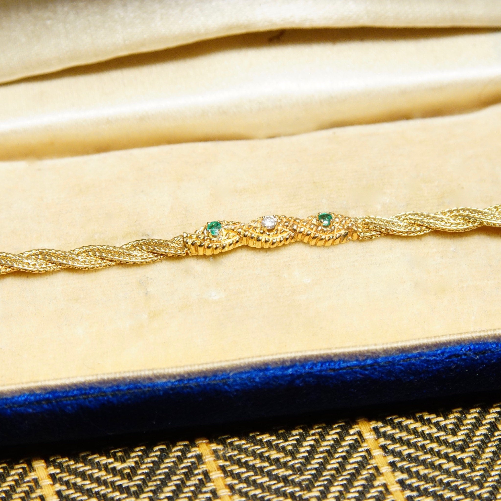 Vintage 14K Yellow Gold Diamond Emerald Bar Bracelet, 4mm Braided Gold Link Chain, .03CT Diamond & Emerald Stones, Elegant 585 Jewelry, 7" L