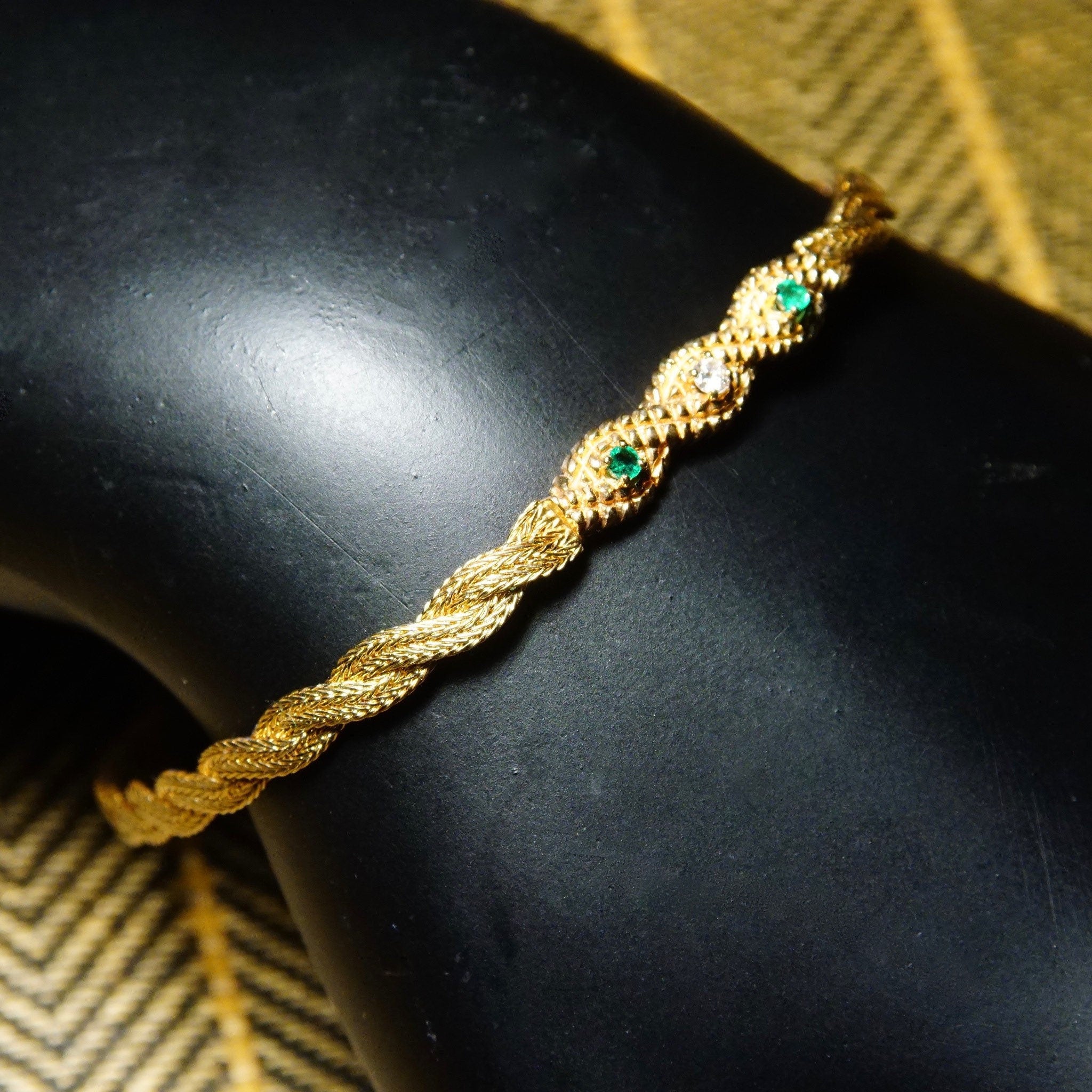 Vintage 14K Yellow Gold Diamond Emerald Bar Bracelet, 4mm Braided Gold Link Chain, .03CT Diamond & Emerald Stones, Elegant 585 Jewelry, 7" L