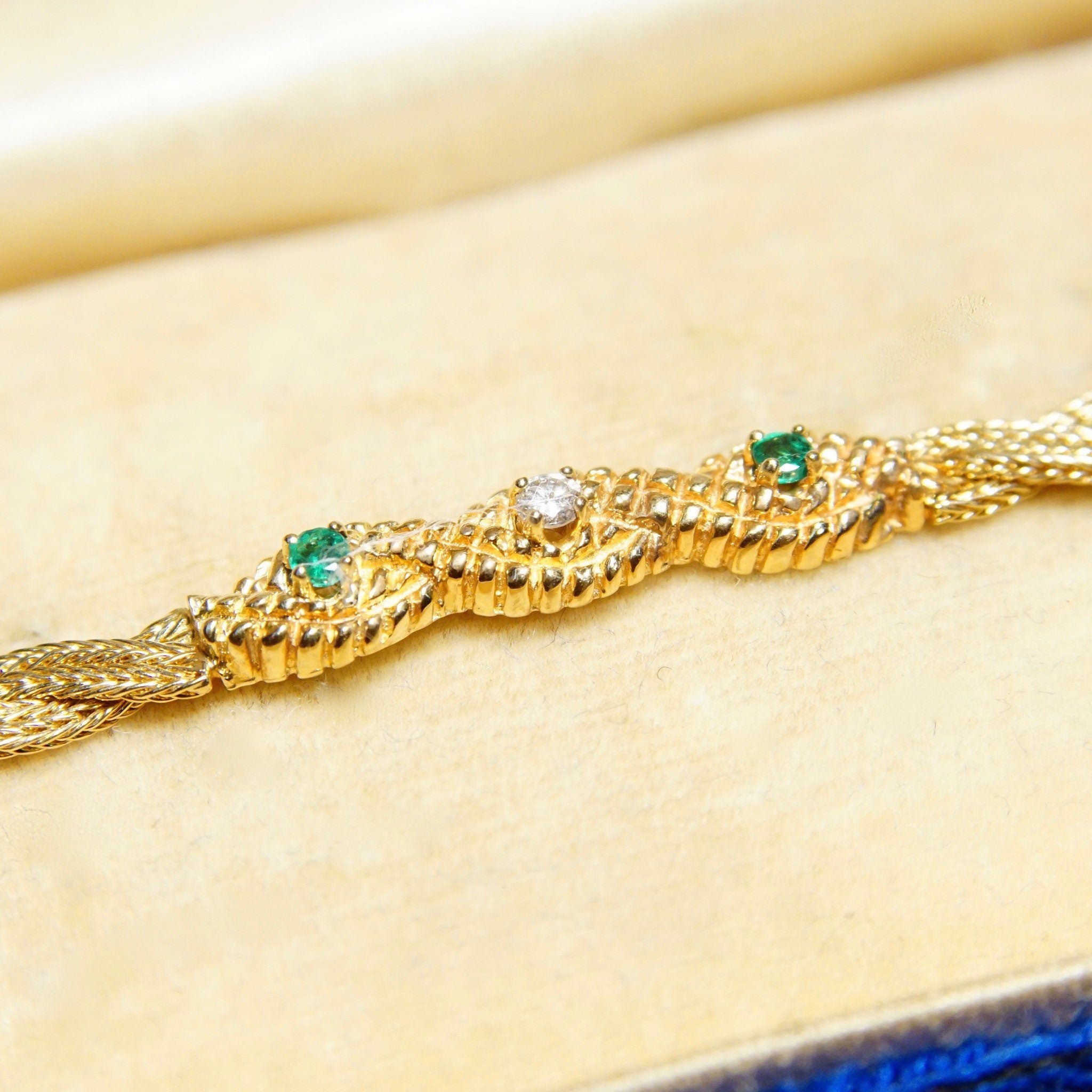 Vintage 14K Yellow Gold Diamond Emerald Bar Bracelet, 4mm Braided Gold Link Chain, .03CT Diamond & Emerald Stones, Elegant 585 Jewelry, 7" L