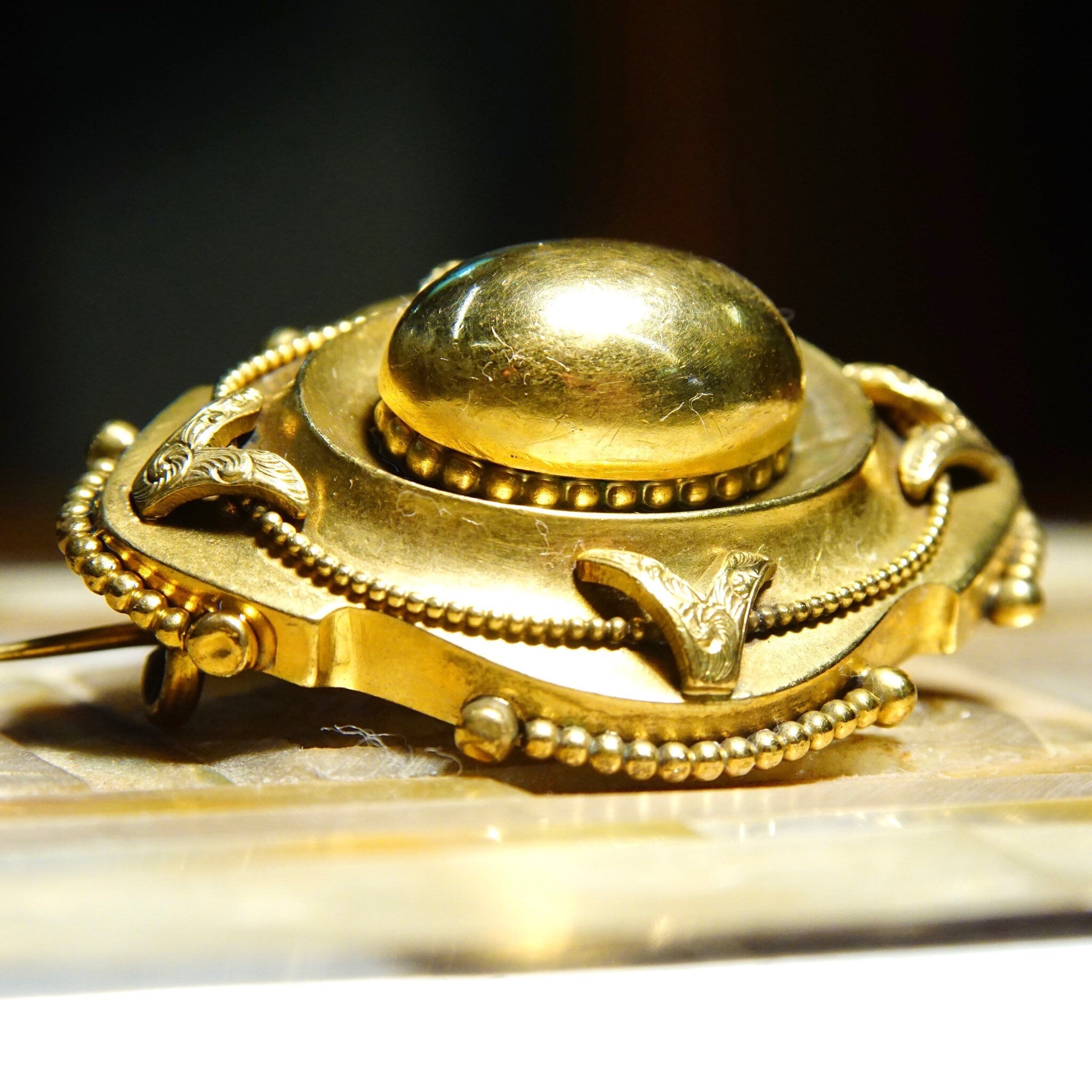Vintage Ornate Gold Oval Dome Sash Pin, Chunky 3-D Gold Brooch, Intricate Layered Details, Symmetrical Design, 1 3/4" L