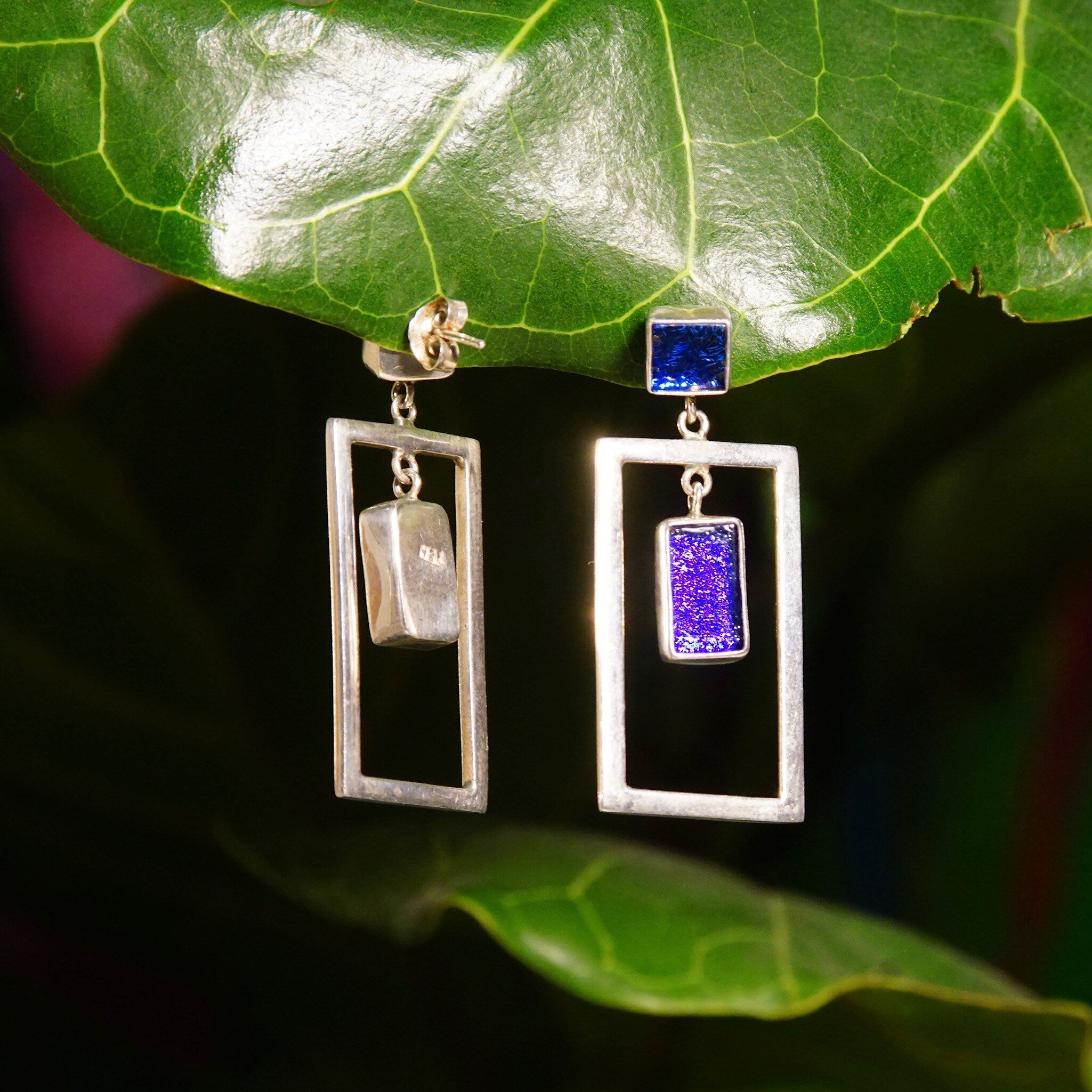 Vintage Modernist Sterling Silver Art Glass Pierced Dangle Earrings, Geometric Open Frames, Vibrant Blue Foil Glass, 925 Earrings, 1 5/8" L