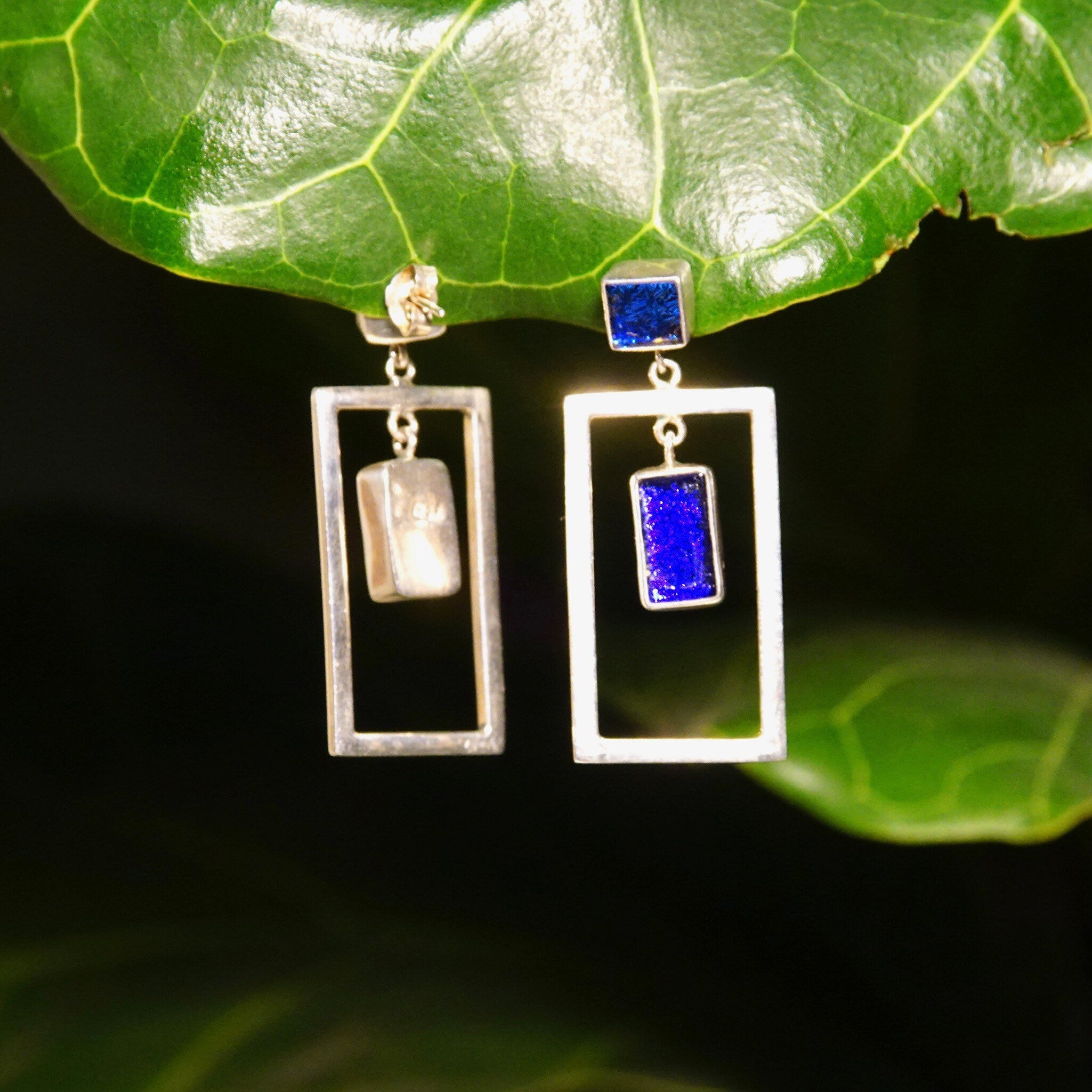 Vintage Modernist Sterling Silver Art Glass Pierced Dangle Earrings, Geometric Open Frames, Vibrant Blue Foil Glass, 925 Earrings, 1 5/8" L