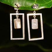 Vintage Modernist Sterling Silver Art Glass Pierced Dangle Earrings, Geometric Open Frames, Vibrant Blue Foil Glass, 925 Earrings, 1 5/8" L