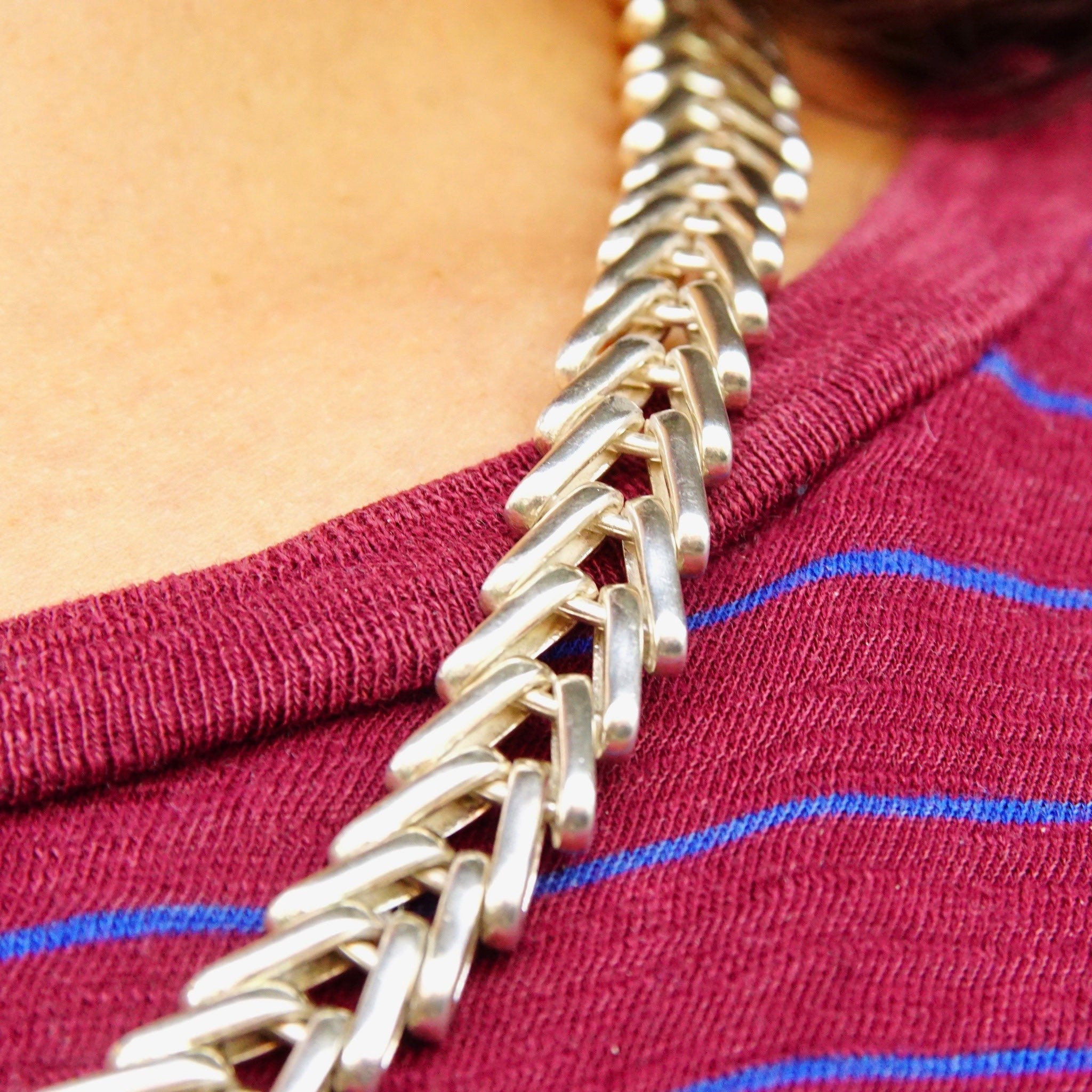 Vintage TAXCO Modernist Heavy Sterling Silver Foxtail Chain, Massive Chain Necklace With Interlocking V-Links, Chunky, Unisex, 24 L