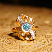 Antique 10K Gold Blue Topaz Diamond Bow Ring, JR Woods & Sons, Brilliant Blue Gemstone, Ribbon Setting, White Gold Accents, Size 6 3/4 US