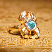 Antique 10K Gold Blue Topaz Diamond Bow Ring, JR Woods & Sons, Brilliant Blue Gemstone, Ribbon Setting, White Gold Accents, Size 6 3/4 US