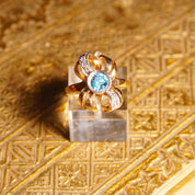 Antique 10K Gold Blue Topaz Diamond Bow Ring, JR Woods & Sons, Brilliant Blue Gemstone, Ribbon Setting, White Gold Accents, Size 6 3/4 US
