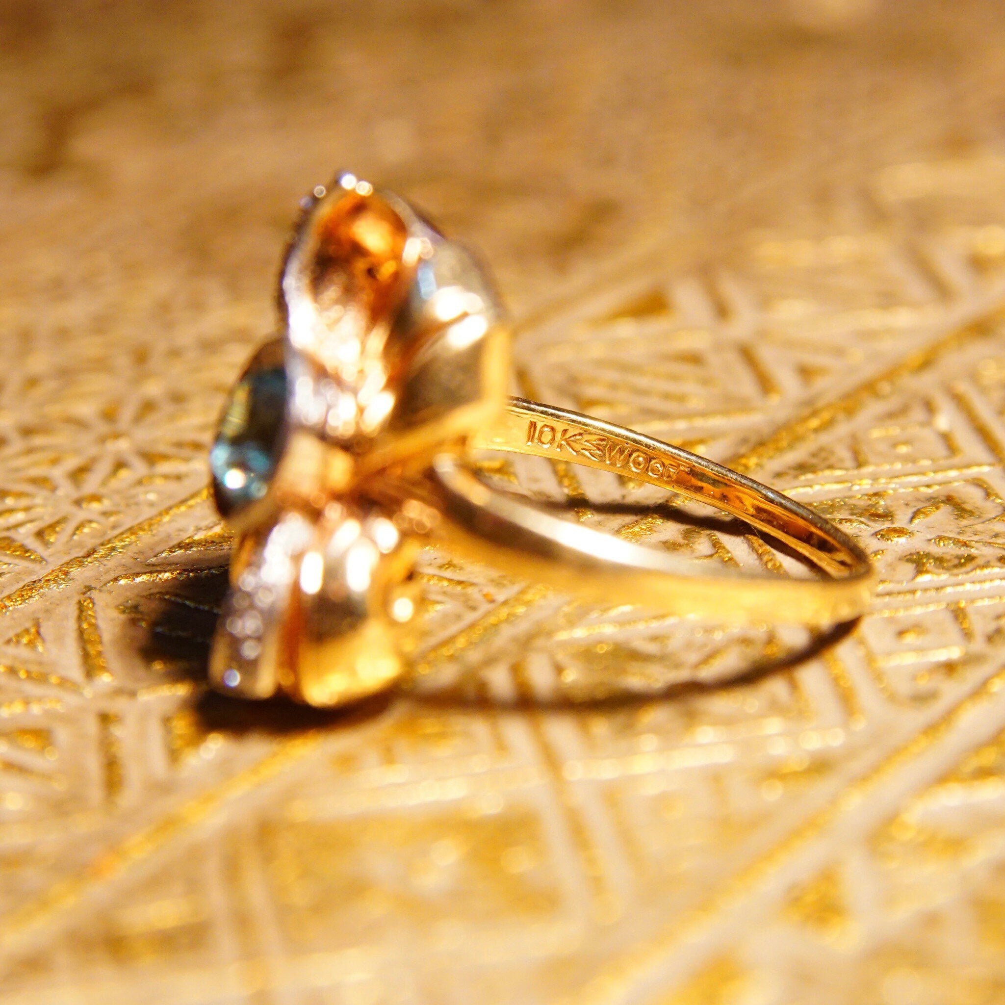 Antique 10K Gold Blue Topaz Diamond Bow Ring, JR Woods & Sons, Brilliant Blue Gemstone, Ribbon Setting, White Gold Accents, Size 6 3/4 US