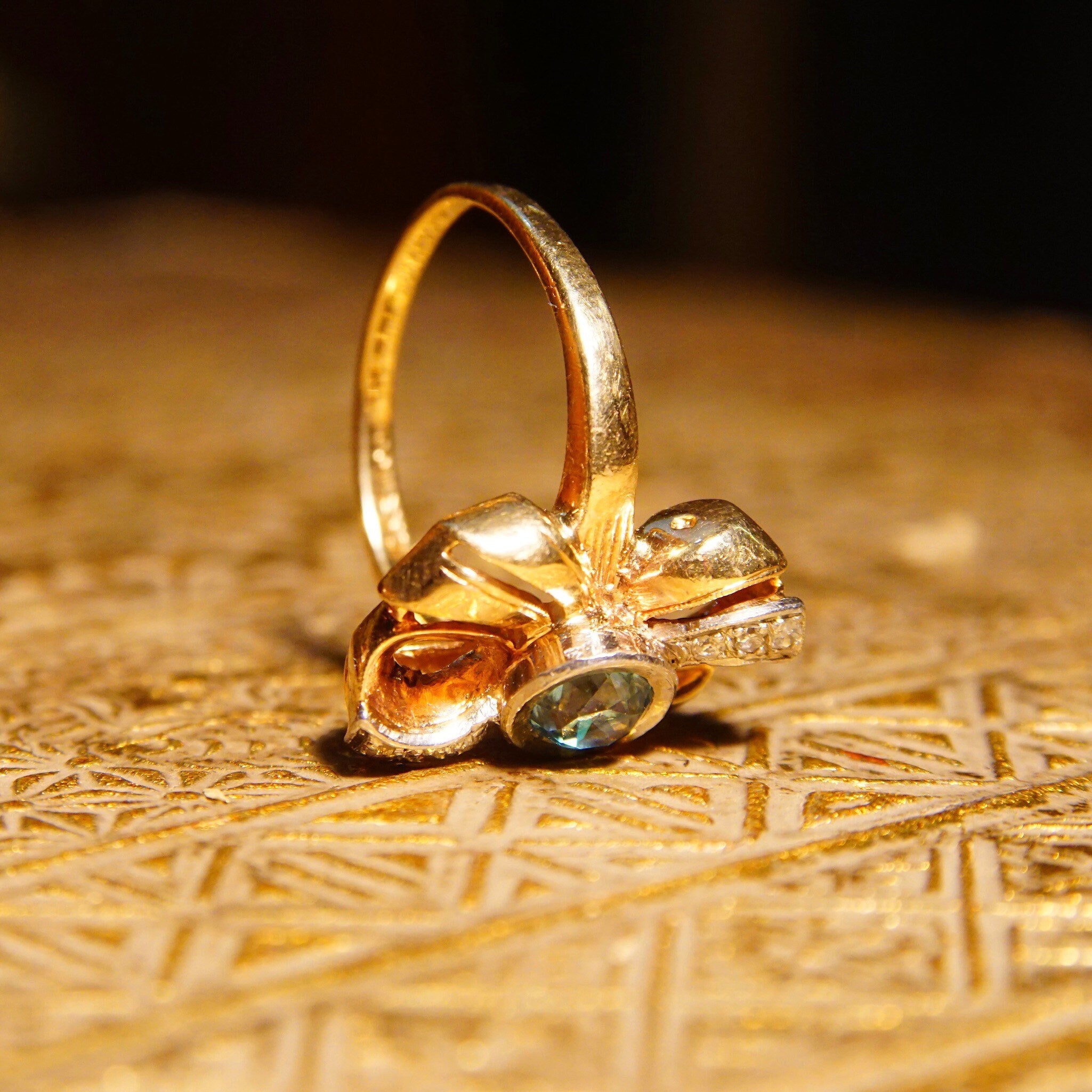 Antique 10K Gold Blue Topaz Diamond Bow Ring, JR Woods & Sons, Brilliant Blue Gemstone, Ribbon Setting, White Gold Accents, Size 6 3/4 US