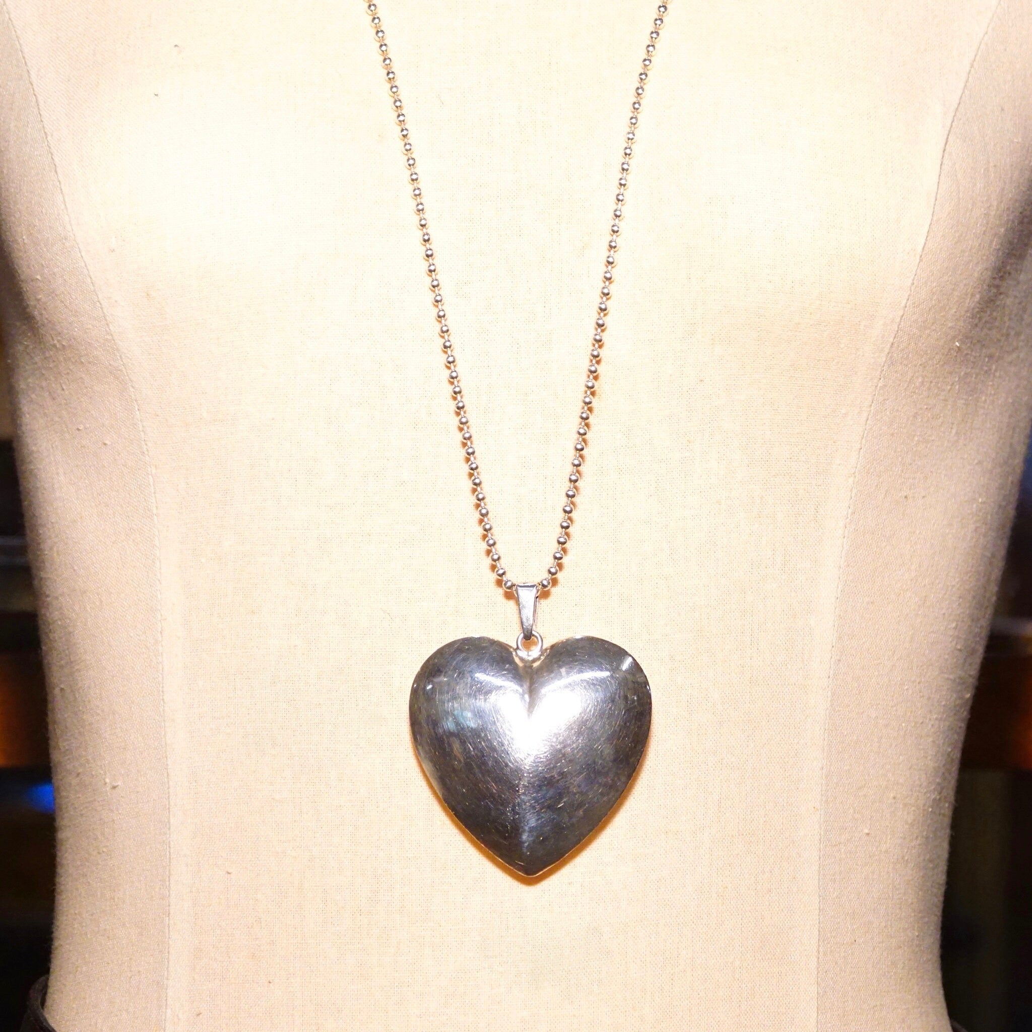 Vintage Modernist Sterling Silver Puffed Heart Pendant Necklace, Large Hollow Silver Heart, 36" Ball Chain Necklace, T925S, 2 3/4" L