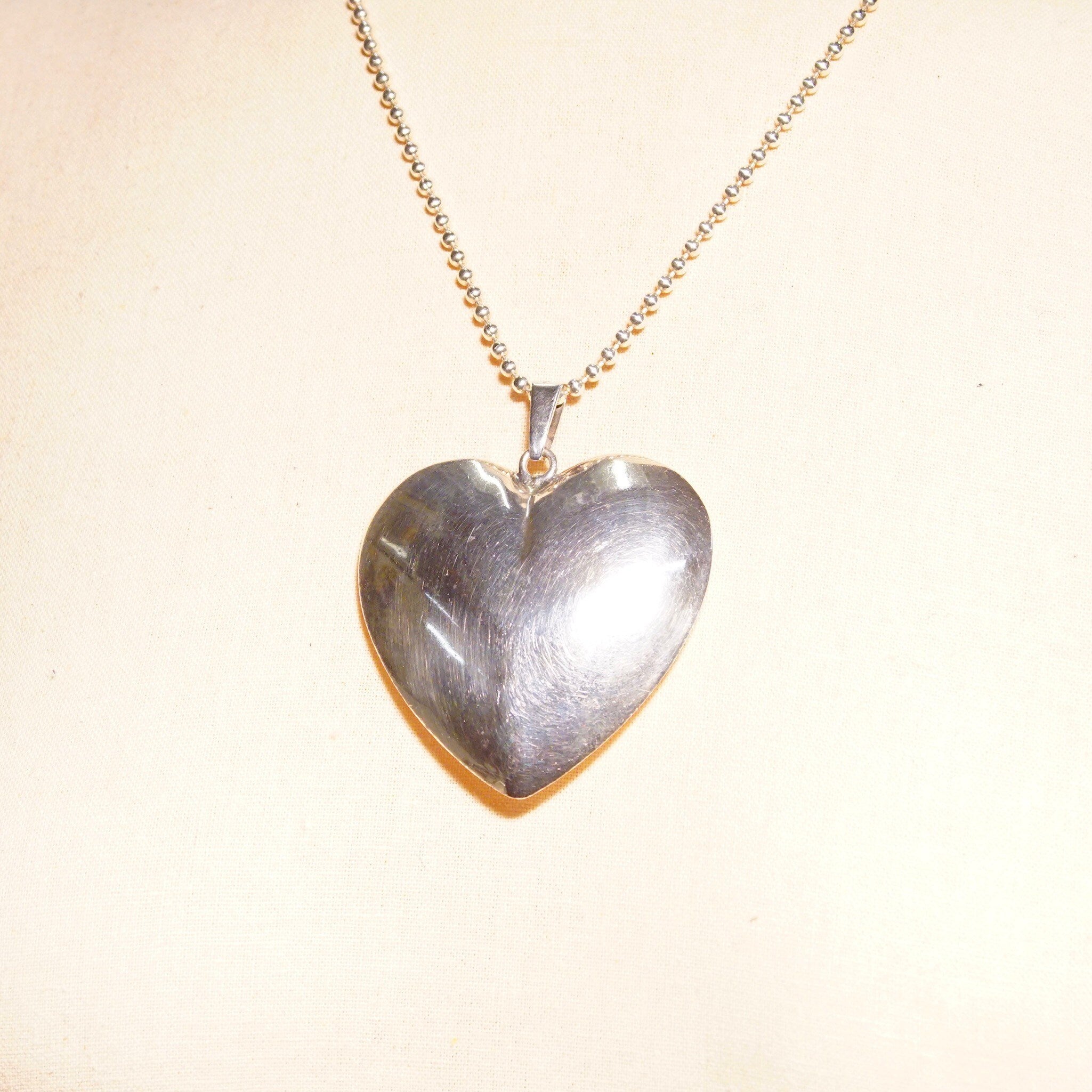 Vintage Modernist Sterling Silver Puffed Heart Pendant Necklace, Large Hollow Silver Heart, 36" Ball Chain Necklace, T925S, 2 3/4" L