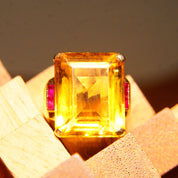 14K Citrine Ruby Cocktail Ring, Large Emerald-Cut Gemstone, Yellow Gold Setting, Estate Jewelry, 6 3/4 US