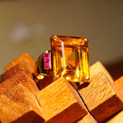 14K Citrine Ruby Cocktail Ring, Large Emerald-Cut Gemstone, Yellow Gold Setting, Estate Jewelry, 6 3/4 US