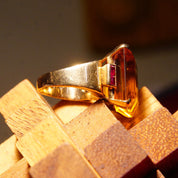 14K Citrine Ruby Cocktail Ring, Large Emerald-Cut Gemstone, Yellow Gold Setting, Estate Jewelry, 6 3/4 US
