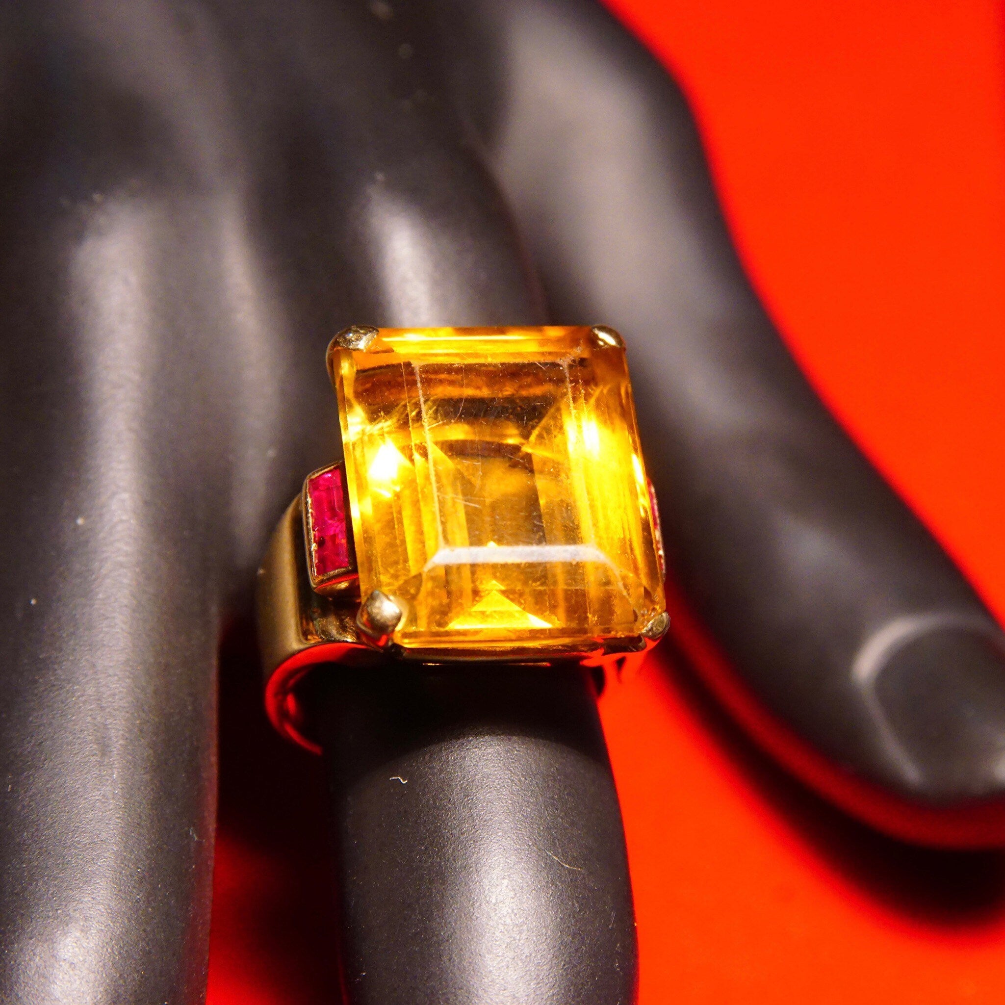 14K Citrine Ruby Cocktail Ring, Large Emerald-Cut Gemstone, Yellow Gold Setting, Estate Jewelry, 6 3/4 US