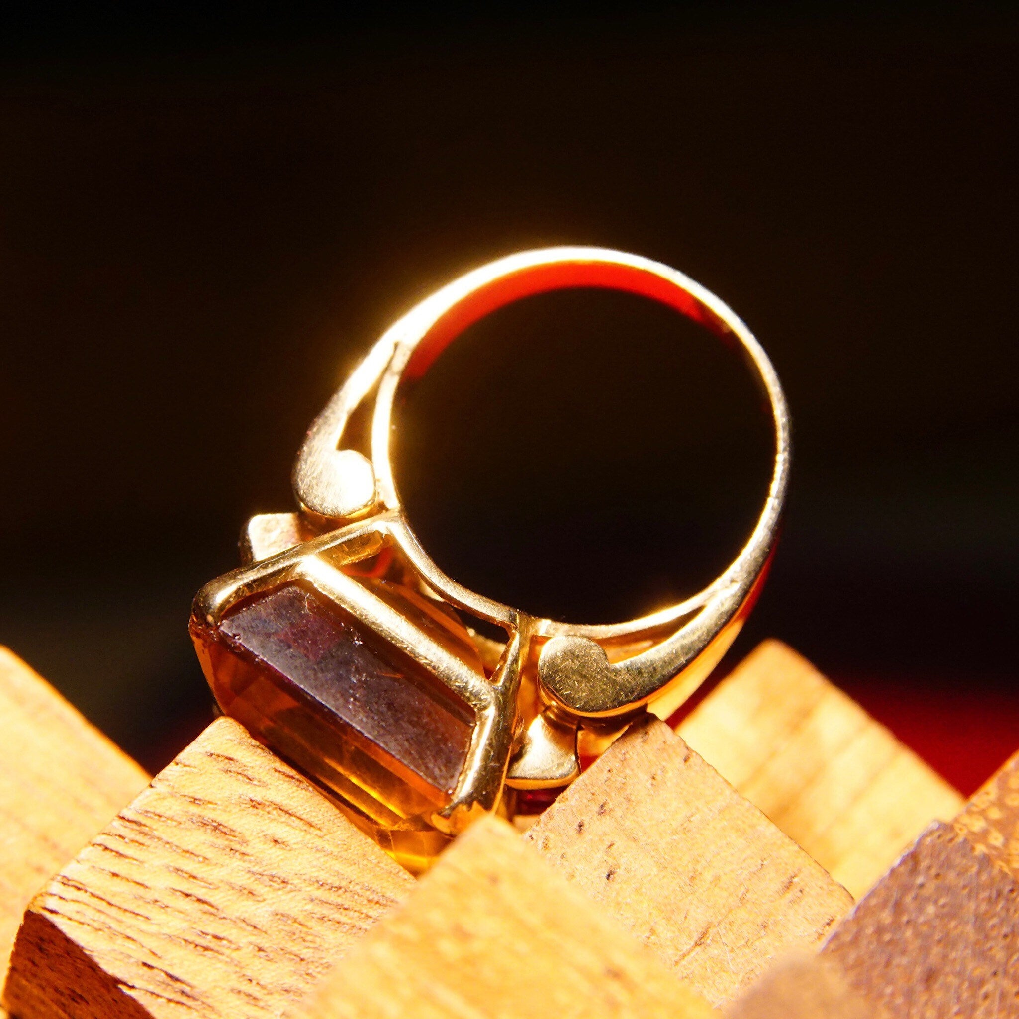 14K Citrine Ruby Cocktail Ring, Large Emerald-Cut Gemstone, Yellow Gold Setting, Estate Jewelry, 6 3/4 US