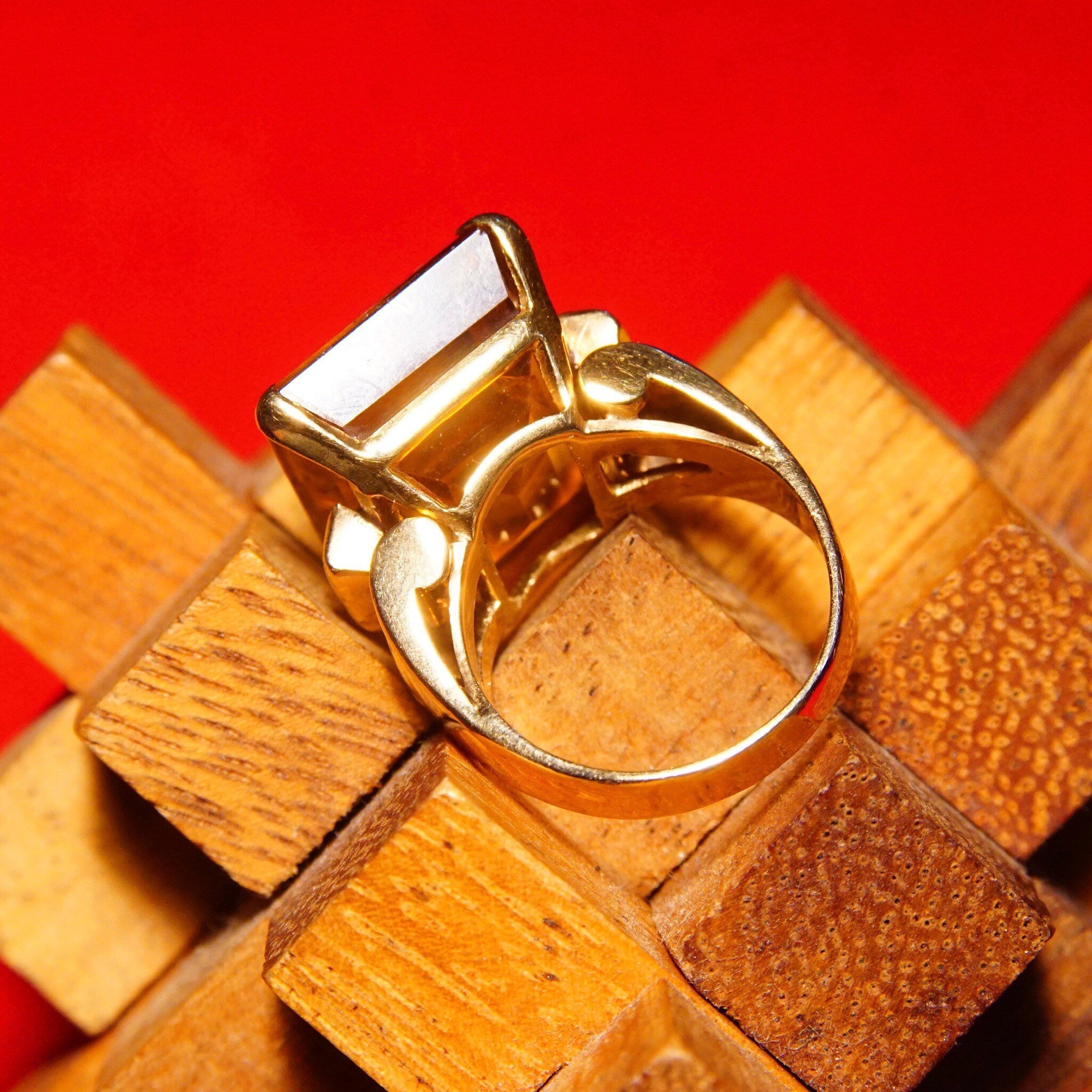 14K Citrine Ruby Cocktail Ring, Large Emerald-Cut Gemstone, Yellow Gold Setting, Estate Jewelry, 6 3/4 US