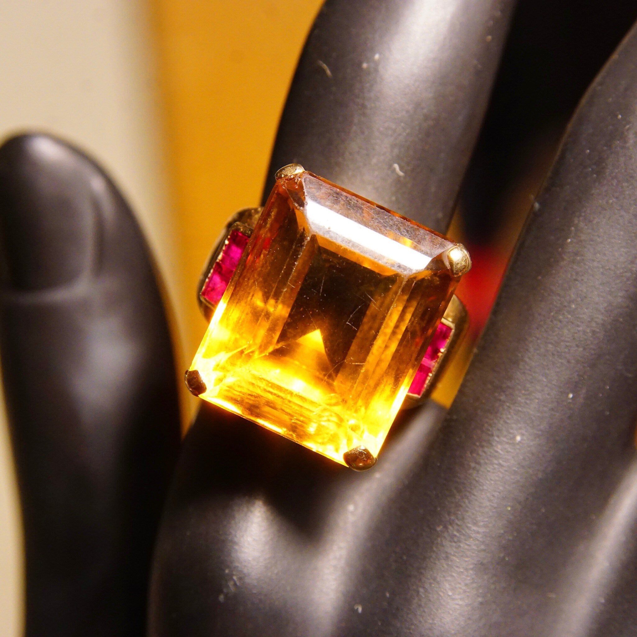 14K Citrine Ruby Cocktail Ring, Large Emerald-Cut Gemstone, Yellow Gold Setting, Estate Jewelry, 6 3/4 US