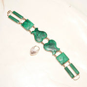 Antique Scottish Victorian Sterling Silver Malachite Link Bracelet With Heart Lock Charm, Ornate Geometric Links, Green Gemstones, 7 1/4 L