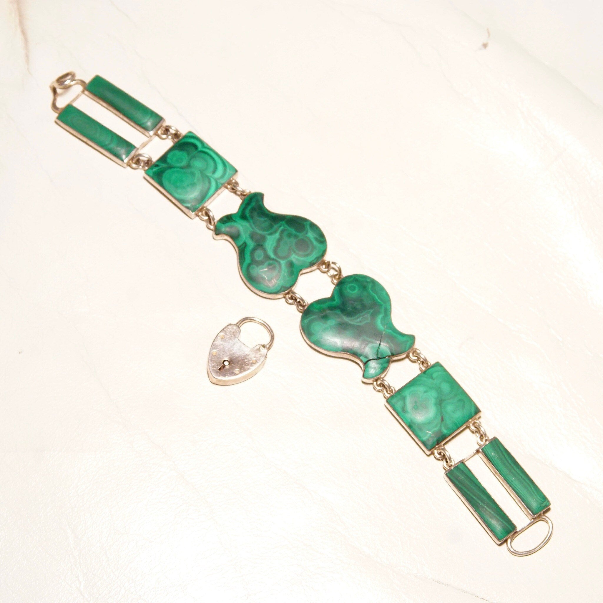 Antique Scottish Victorian Sterling Silver Malachite Link Bracelet With Heart Lock Charm, Ornate Geometric Links, Green Gemstones, 7 1/4 L