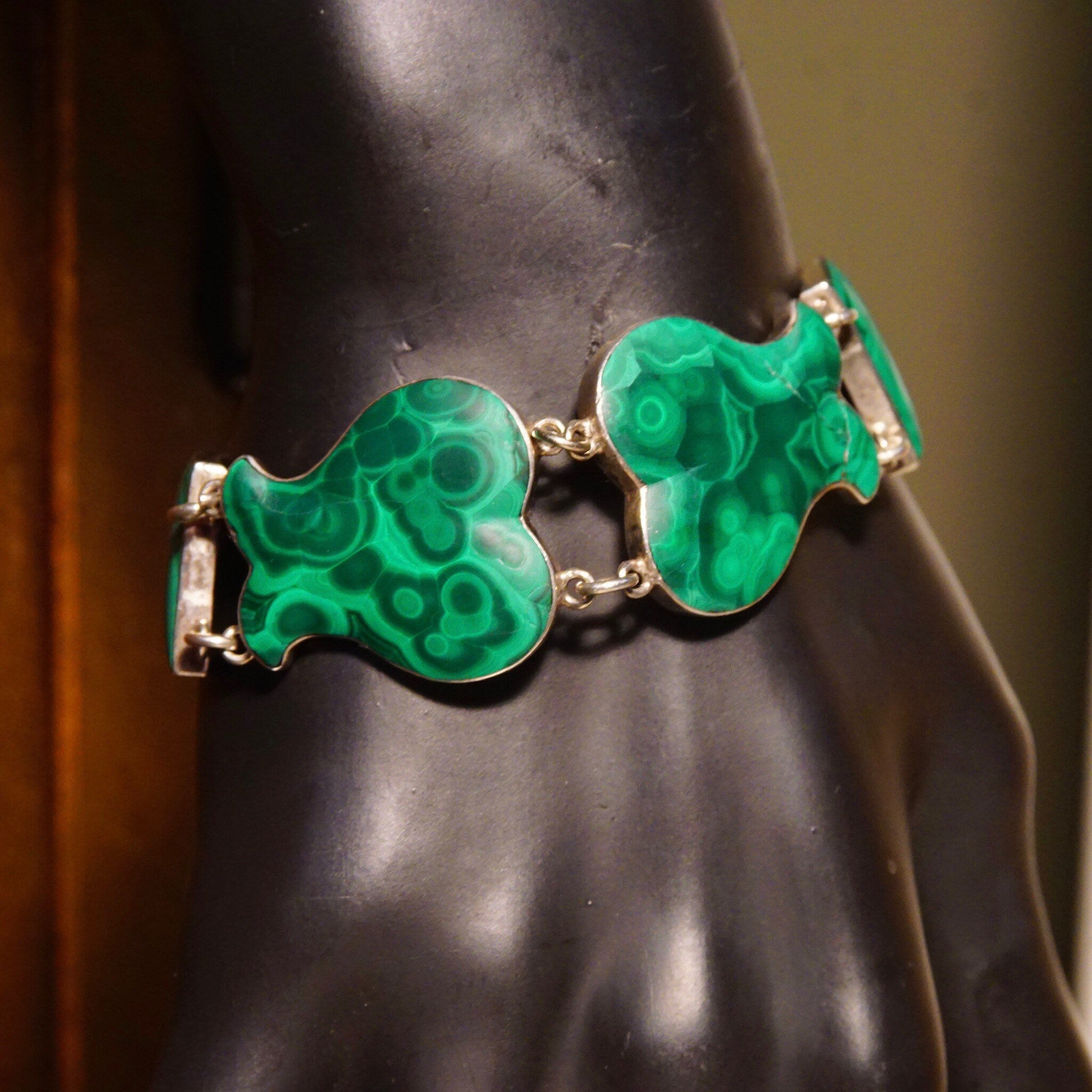 Antique Scottish Victorian Sterling Silver Malachite Link Bracelet With Heart Lock Charm, Ornate Geometric Links, Green Gemstones, 7 1/4 L