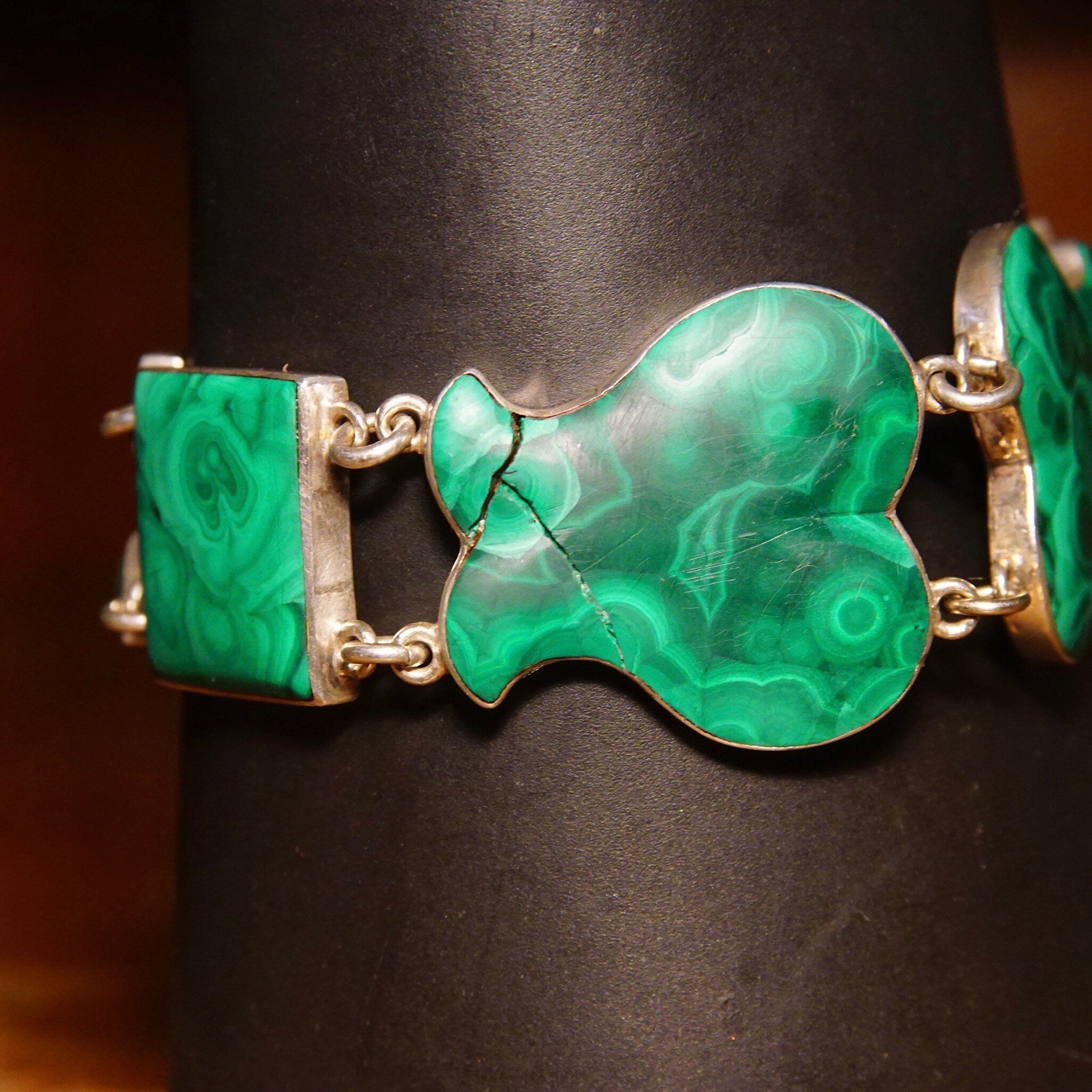 Antique Scottish Victorian Sterling Silver Malachite Link Bracelet With Heart Lock Charm, Ornate Geometric Links, Green Gemstones, 7 1/4 L