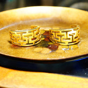 Vintage 14K Yellow Gold Greek Key J-Hoop Earrings, Graduated Cutout Half Hoops, Meander/Greek Fret Pattern, Three-Quarter Stud Hoops, 3/4"