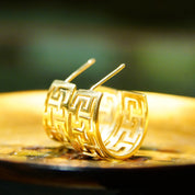 Vintage 14K Yellow Gold Greek Key J-Hoop Earrings, Graduated Cutout Half Hoops, Meander/Greek Fret Pattern, Three-Quarter Stud Hoops, 3/4"