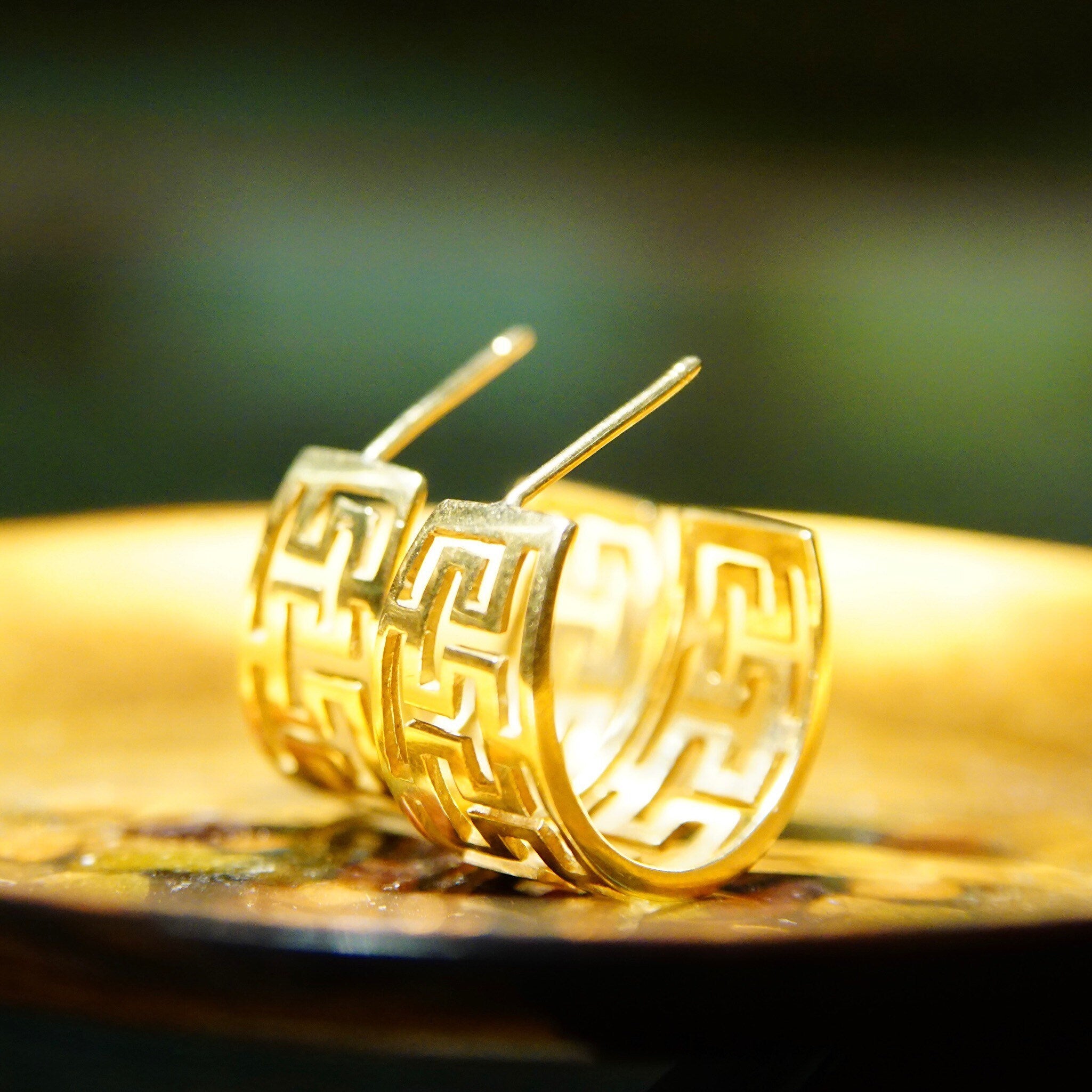 Vintage 14K Yellow Gold Greek Key J-Hoop Earrings, Graduated Cutout Half Hoops, Meander/Greek Fret Pattern, Three-Quarter Stud Hoops, 3/4"