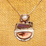 Vintage Signed Ann Allen Sterling Silver & 14K Gold Accent Gemstone Pendant Necklace, Pearl Cabochon, Rainbow Hematite, Moss Resin, 20" L