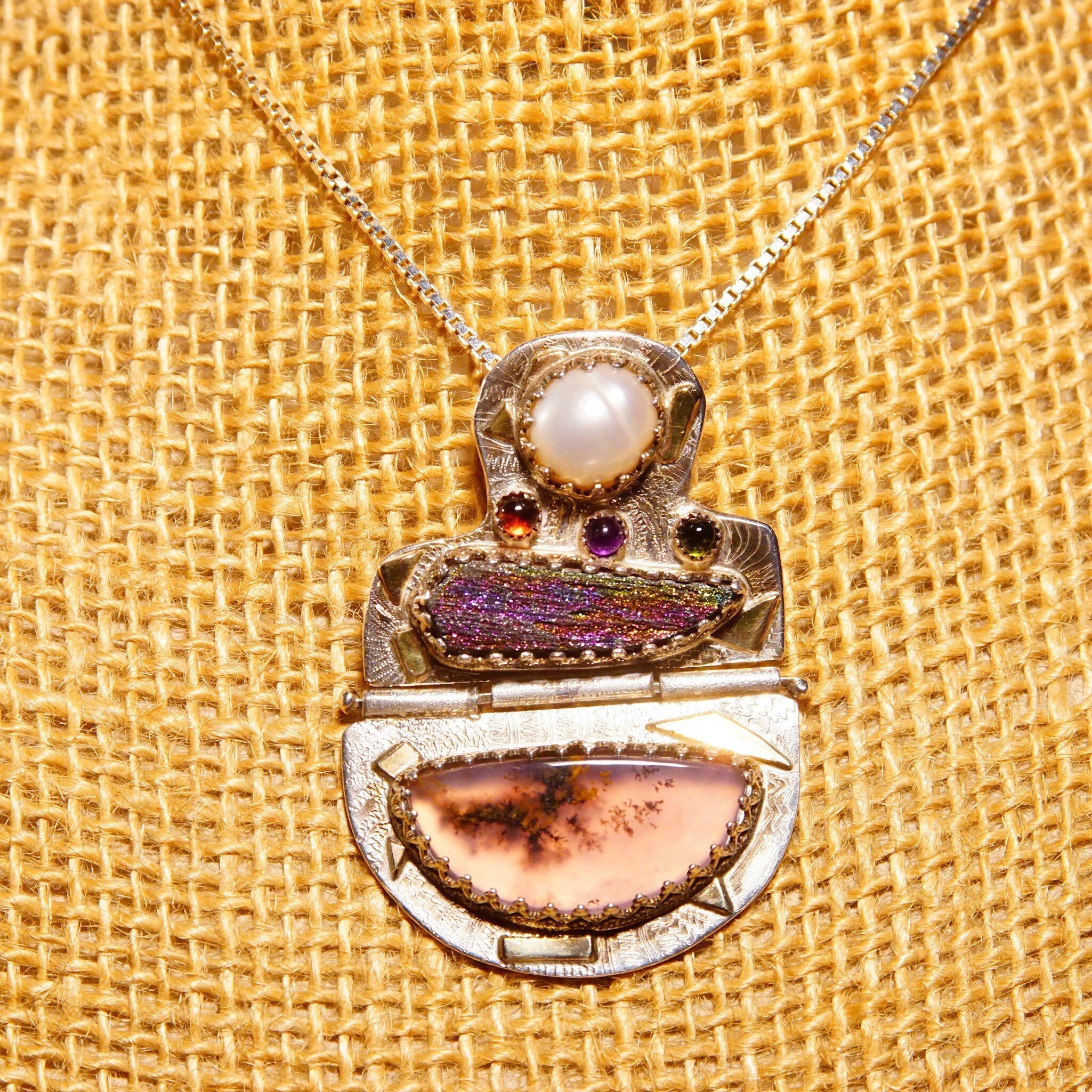 Vintage Signed Ann Allen Sterling Silver & 14K Gold Accent Gemstone Pendant Necklace, Pearl Cabochon, Rainbow Hematite, Moss Resin, 20" L